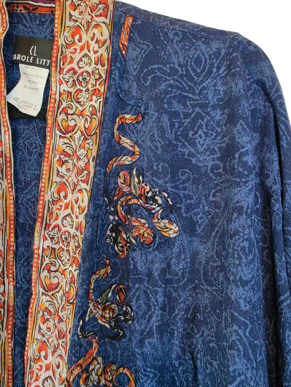 Vintage Carole Little Blue Boho Soutache Kimono Wrap Jacket, Size 6
